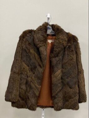 Vintage Brown Genuine Rabbit Fur Clip Close Women's Waist Length Coat Size M